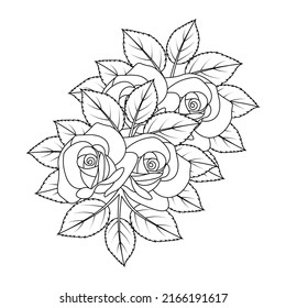 black and white doodle rose flower coloring page illustration for printing