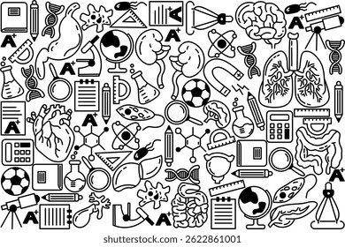 Black and White Doodle of Scientific and Academic Symbols