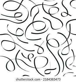 Black and white doodle seamless abstract background, calligraphic lines pen drawing by hand