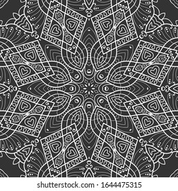 El doodle blanco y negro es un patrón transparente. Fondo Mandala de línea dibujada a mano. Dibujo de dibujo artístico. Textura de encaje de moda para tela textil, papel impreso. Decoración étnica ornamental para chales, bufanda, hijab 