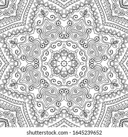 Black and white doodle seamless pattern. Hand drawn line mandala background. Fashion lace texture for textile fabric, paper print.  Art sketch drawing for coloring book page, ethnic ornament