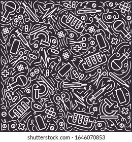 Black and white doodle. Seamless pattern vector concept medical doodles illustration. With place for text. Healthy lifestyle concept. Design for advertising, web sites, posters, print.