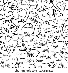 Black and white doodle seamless pattern with rabbits