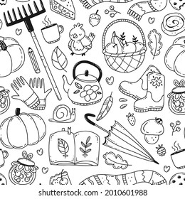 Black and white doodle seamless pattern with autumn elements. Vector illustration.