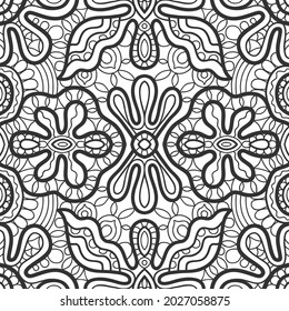 El doodle blanco y negro es un patrón sin fisuras. Fondo de Mandala de línea dibujada a mano. Dibujo de boceto de arte. Textura de encaje de moda para tela textil, papel impreso. Decoración étnica ornamental para chales, bufanda, hijab