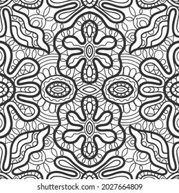 El doodle blanco y negro es un patrón sin fisuras. Fondo de Mandala de línea dibujada a mano. Dibujo de boceto de arte. Textura de encaje de moda para tela textil, papel impreso. Decoración étnica ornamental para chales, bufanda, hijab