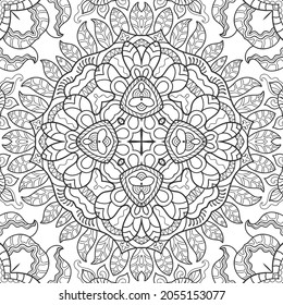 Black and white doodle seamless pattern. Hand drawn line mandala background. Art sketch drawing. Fashion lace texture for textile fabric, paper print. Ethnic ornamental decor for shawl, scarf, hijab
