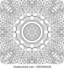 Black and white doodle seamless pattern. Hand drawn line mandala background. Art sketch drawing. Fashion lace texture for textile fabric, paper print. Ethnic ornamental decor for shawl, scarf, hijab