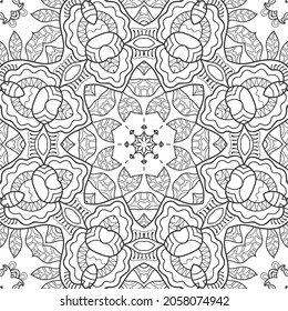 El doodle blanco y negro es un patrón sin fisuras. Fondo de Mandala de línea dibujada a mano. Dibujo de boceto de arte. Textura de encaje de moda para tela textil, papel impreso. Decoración étnica ornamental para chales, bufanda, hijab