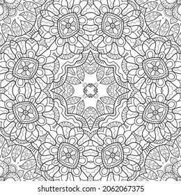 Black and white doodle seamless pattern. Hand drawn line mandala background. Art sketch drawing. Fashion lace texture for textile fabric, paper print. Ethnic ornamental decor for shawl, scarf, hijab