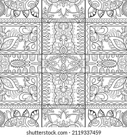 Schwarz-Weiß-Doodle nahtloses Muster. handgezeichnet, mandala Hintergrund. Kunstskizzenzeichnung. Modehochstruktur für Textilien, Papierdruck. Ethnische Dekoration für Schal, Schal, Hijab