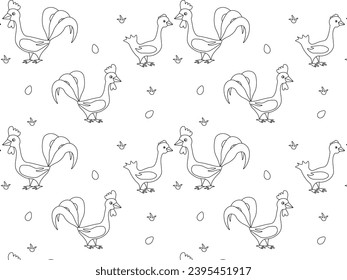 black and white doodle Seamless pattern with hens and roosters