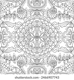 Patrón sin fisuras de garabatos en blanco y negro. Mano dibujada línea mandala fondo. Dibujo de boceto artístico. Textura de encaje de moda para la tela textil, impresión de papel. Decoración ornamental étnica para chal, bufanda, hijab