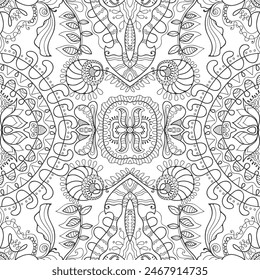 Patrón sin fisuras de garabatos en blanco y negro. Mano dibujada línea mandala fondo. Dibujo de boceto artístico. Textura de encaje de moda para la tela textil, impresión de papel. Decoración ornamental étnica para chal, bufanda, hijab