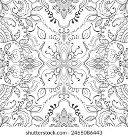 Black and white doodle seamless pattern. Hand drawn line mandala background. Art sketch drawing. Fashion lace texture for textile fabric, paper print. Ethnic ornamental decor for shawl, scarf, hijab