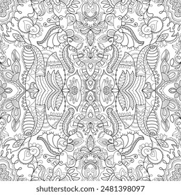 Black and white doodle seamless pattern. Hand drawn line mandala background. Art sketch drawing. Fashion lace texture for textile fabric, paper print. Ethnic ornamental decor for shawl, scarf, hijab