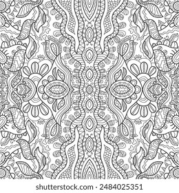 Black and white doodle seamless pattern. Hand drawn line mandala background. Art sketch drawing. Fashion lace texture for textile fabric, paper print. Ethnic ornamental decor for shawl, scarf, hijab