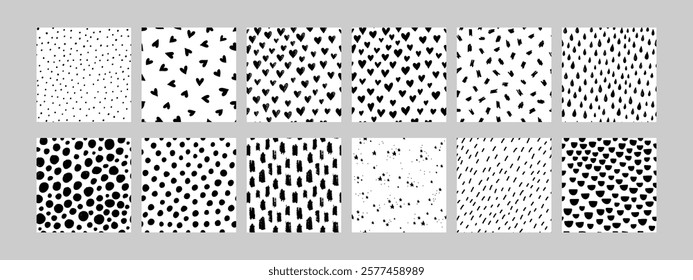 Black and white doodle seamless pattern set. Includes hand drawn backgrounds with hearts, stripes, dots, small dashes, and raindrops. Minimalist vector design, perfect for fabrics, and wallpapers