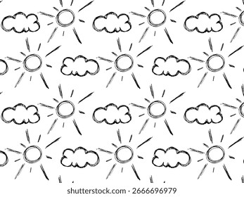 black and white doodle seamless pattern sun,clouds