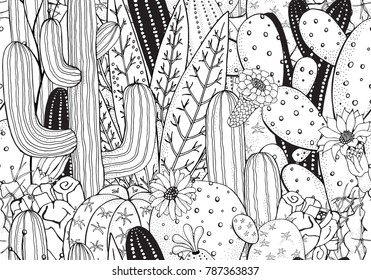 Black and white doodle seamless pattern with cactus. Prickly pear, agave, saguaro, cactus flower.