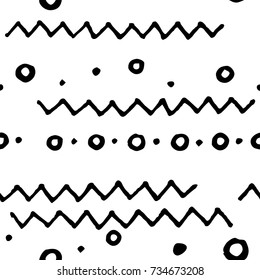 Black and white doodle seamless vector pattern. Zigzag scribbled print. Abstract doodle seamless pattern. Sketched messy ornament. Memphis background decor tile. Trendy hipster ink doodle pattern tile