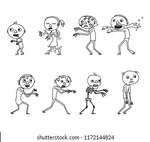 Black and white doodle set of characters walking with arms raised like zombie. Various health problems. Illness, vitamin deficiency concept. Isolated on white background.