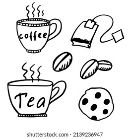 black and white doodle set of coffee, tea and cookies on a white background.
