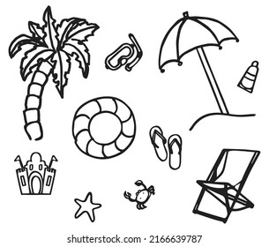 Black and white doodle set of different summer items. Vector doodle illustration. Palm tree, umbrella, crab, lifebuoy, cream, sand castle, flip flops, deck chair, starfish, diving goggles