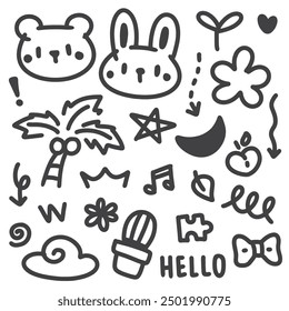 Black and White Doodle Set. Kawaii Hand Drawn Doodles Bunny, Bear, and Fun Symbols.