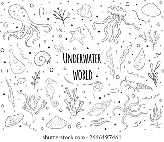 Black and white doodle set with marine flora and fauna. Template for wrapping, textile. Includes marine animals and plants