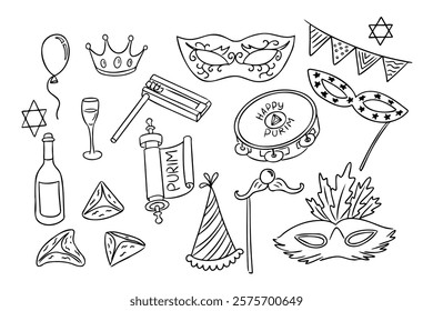 Black and white doodle set of Purim themed elements including masks, grogger, hamantaschen, crown, scroll, wine, tambourine, and festive decorations, symbolizing Jewish holiday. Vector drawings