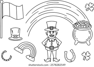 Black and white doodle set of St. Patrick's Day symbols such as clover, leprechaun hat, pot of gold and horseshoe