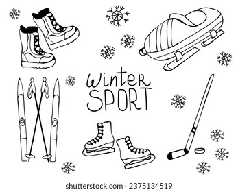 black and white doodle set winter sports, skiing, hockey, snowmobile, ice skating