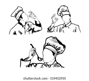 Black and white doodle sketch of chefs wearing traditional toques in cartoon style.