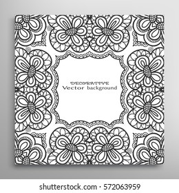 Black and white doodle sketch frame, abstract art background with place for the text. Invitation or Card template with decorative border pattern, floral geometric ornament