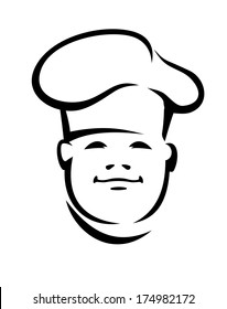 Black and white doodle sketch logo of the face of a a smiling young cook or chef in a toque