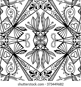 Black and white doodle sketch seamless pattern, repeating monochrome graphic texture. Tribal ethnic ornament. Vector decorative geometric background