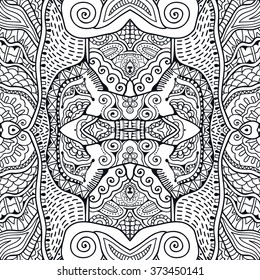 Black and white doodle sketch seamless pattern, repeating monochrome graphic texture. Tribal ethnic ornament. Vector decorative geometric background