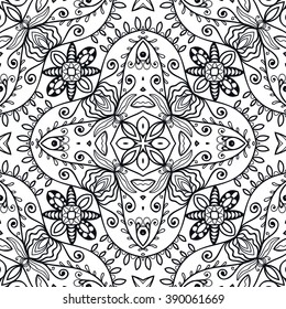 Black and white doodle sketch seamless pattern, repeating monochrome graphic texture. Tribal ethnic ornament. Vector decorative geometric background