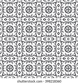 Black and white doodle sketch seamless pattern, repeating monochrome graphic texture. Tribal ethnic ornament. Vector decorative geometric background