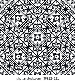 Black and white doodle sketch seamless pattern, repeating monochrome graphic texture. Tribal ethnic ornament. Vector decorative geometric background