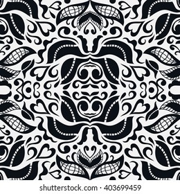 Black and white doodle sketch seamless pattern, repeating monochrome graphic texture. Tribal ethnic ornament. Vector decorative geometric background