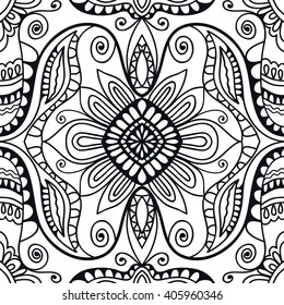 Black and white doodle sketch seamless pattern, repeating monochrome graphic texture. Tribal ethnic ornament. Vector decorative geometric background