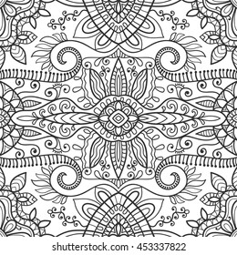 Black and white doodle sketch seamless pattern, repeating monochrome graphic texture. Tribal ethnic zentangle ornament. Vector full frame decorative geometric background without color