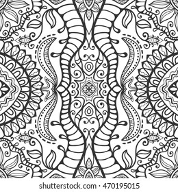 Black and white doodle sketch seamless pattern, repeating monochrome graphic texture. Tribal ethnic ornament. Vector decorative geometric background. Zen-doodle style decor, coloring book page