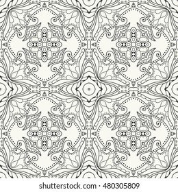 Black and white doodle sketch seamless pattern, repeating monochrome graphic texture. Tribal ethnic ornament. Vector decorative geometric background. Zen-doodle style decor, coloring book page