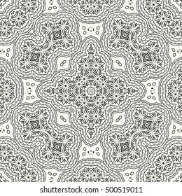 Black and white doodle sketch seamless pattern, repeating monochrome lace texture. Tribal ethnic ornament. Decorative seamless geometric background. Vector illustration