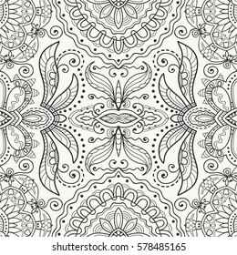 Black and white doodle sketch seamless pattern, repeating monochrome graphic texture. Tribal ethnic ornament. Vector decorative geometric background. Zen-doodle style decor, coloring book page