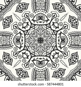 Black and white doodle sketch seamless pattern, repeating monochrome graphic texture. Tribal ethnic ornament. Vector decorative geometric background. Zen-doodle style decor, coloring book page
