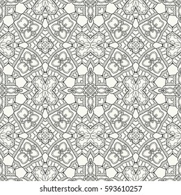 Black and white doodle sketch seamless pattern, repeating monochrome graphic texture. Tribal ethnic ornament. Vector decorative geometric background. Zen-doodle style decor, coloring book page